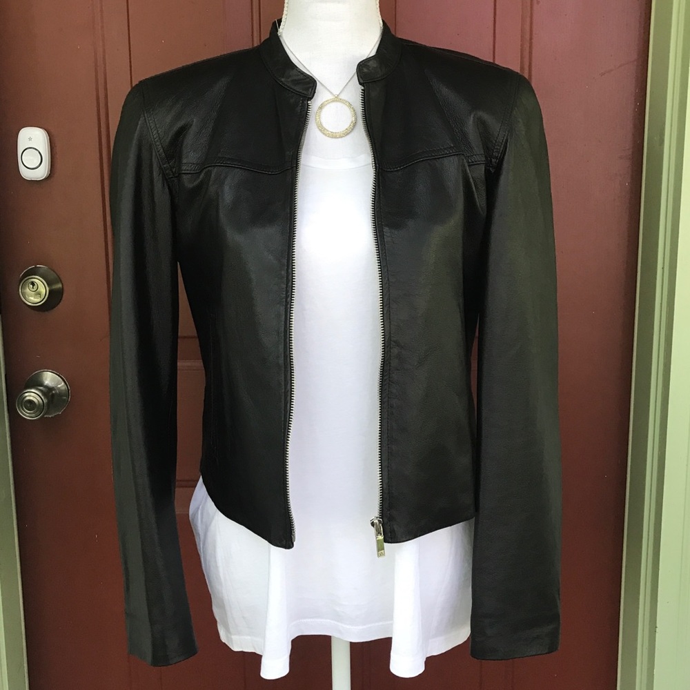 Anne Klein black leather moto jacket. Size M.